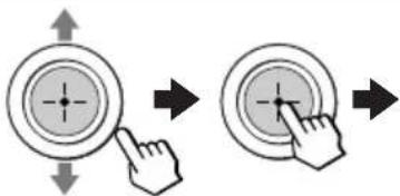 Diagram showing two circular buttons with arrows indicating finger movement, one pointing at the center and the other pressing at the end.