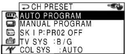 CH PRESET AUTO PROGRAM MANUAL PROGRAM SK IP:PR02 OFF TV SYS :B/G COL SYS :AUTO