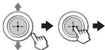 Diagram showing two circular button states with arrows and a finger pointing to the center, indicating navigation or press function.