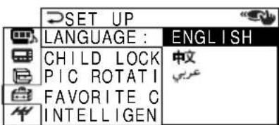 SET UP LANGUAGE : ENGLISH CHILD LOCK 中文 PIC ROTATI FAVORITE C INTELLIGEN