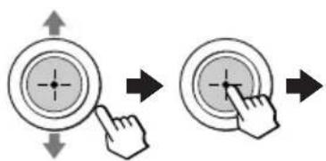 Diagram showing two circular buttons with arrows indicating finger movement, one pointing at center and the other pressing at right.