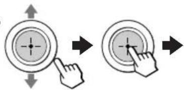 Diagram showing two circular buttons with arrows indicating finger movement, one pointing at the center and the other pressing at the end.