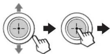 Diagram showing two circular buttons with arrows indicating finger movement, one pointing at a center and the other pressing at a button.