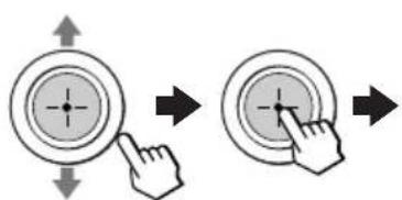 Diagram showing two circular button states with arrows and a finger pointing to the center, indicating navigation or press function.
