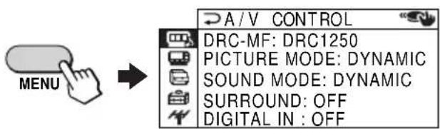 MENU A / V CONTROL DRC-MF: DRC1250 PICTURE MODE: DYNAMIC SOUND MODE: DYNAMIC SURROUND: OFF DIGITAL IN : OFF