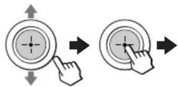 Diagram showing two circular buttons with arrows indicating finger movement, one pointing at a target center.