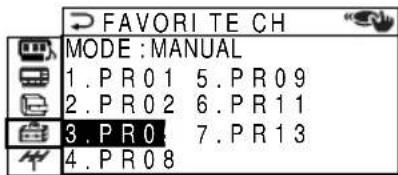 FAVORI TE CH MODE: MANUAL 1. PR 0 1 5. PR 0 9 2. PR 0 2 6. PR 1 1 3. PR 0 7. PR 1 3 4. PR 0 8