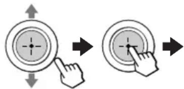 Diagram showing two circular button states with arrows and a finger pointing to the center, indicating navigation or press function.
