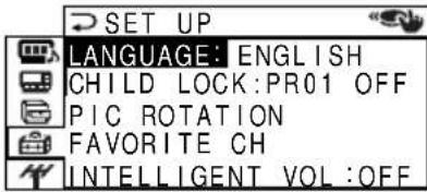 SET UP LANGUAGE: ENGLISH CHILD LOCK: PR01 OFF PIC ROTATION FAVORITE CH INTELLIGENT VOL:OFF