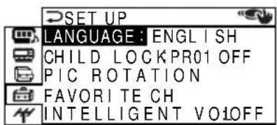 SET UP LANGUAGE: ENGLISH CHILD LOCKPR01 OFF PIC ROTATION FAVORITE CH INTELLIGENT VOIOFF