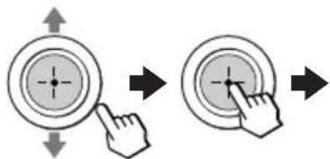 Diagram showing two circular buttons with arrows indicating finger movement, one pointing at a target symbol and the other pressing a button.