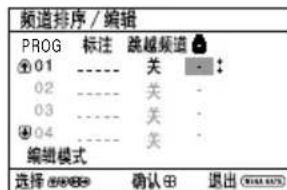 频道排序 / 编辑 PROG 标注 跳越频道 01 ---- 关 - : 02 ---- 关 - 03 ---- 关 - 04 ---- 关 - 编辑模式 选择 000000 确认 退出 0000000