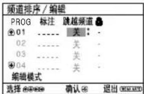 频道排序 / 编辑 PROG 标注 跳越频道 01 ---- 关 : - 02 ---- 关 : - 03 ---- 关 : - 04 ---- 关 : - 编辑模式 选择 00000 确认 退出