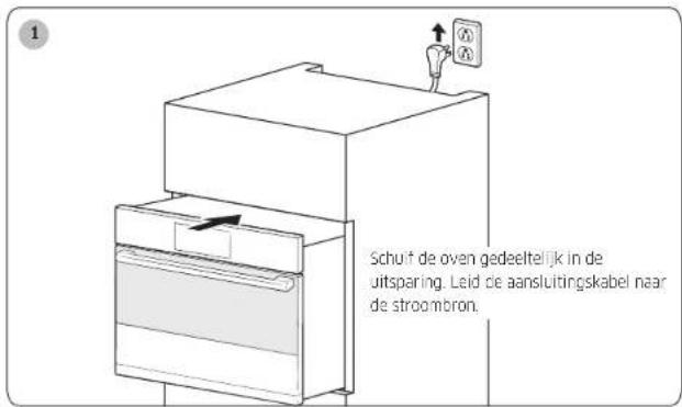 Schuit de oven gedeeltelijk in de uitsparing. Leid de aansluitingskabel naar de stroombron.