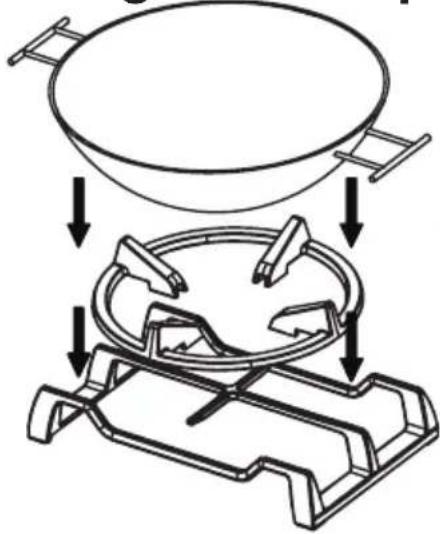 Diagram illustrating a cooking process with a pan and a pot, showing directional arrows indicating steps.