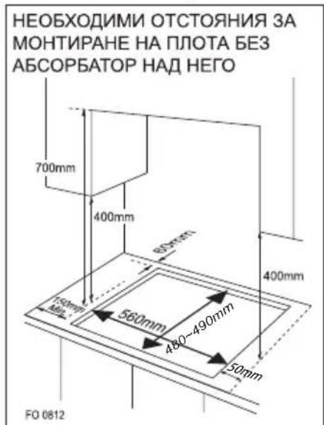 НЕОБХОДИМИ ОТСТОЯНИЯ ЗА МОНТИРАНЕ НА ПЛОТА БЕЗ АВСОРБАТОР НАД НЕГО 700mm 400mm 60mm 400mm 150mm 560mm 480~490mm 50mm FO 0812