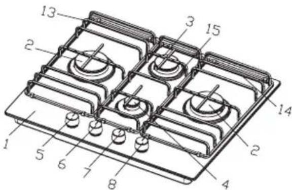 Technical diagram of a gas stove with numbered components for identification