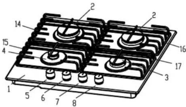 Technical diagram of a four-tiered electric stove with numbered components for identification.