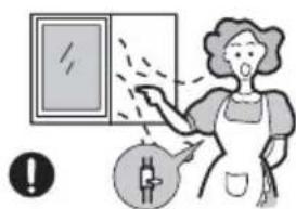 Illustration showing a woman cleaning a window with a magnifying glass and warning symbol