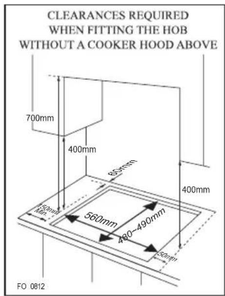 CLEARANCES REQUIRED WHEN FITTING THE HOB WITHOUT A COOKER HOOD ABOVE 700mm 400mm 850mm 400mm 550mm 560mm 490-490mm 50mm FO 0812