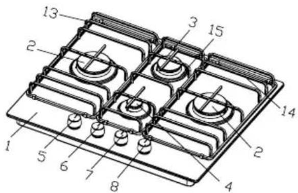 Technical diagram of a gas stove with numbered components for identification