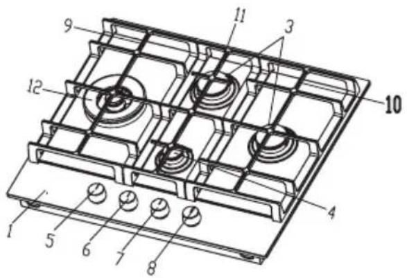 Technical diagram of a multi-chamber electric stove with numbered components for identification