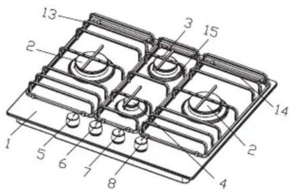 Technical diagram of a gas stove with numbered components for identification
