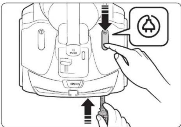 Diagram showing hand pressing a button on a device with an icon indicating a warning or alert symbol.