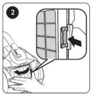 Diagram showing a hand pressing a button on a car seat, with an inset close-up highlighting the action.
