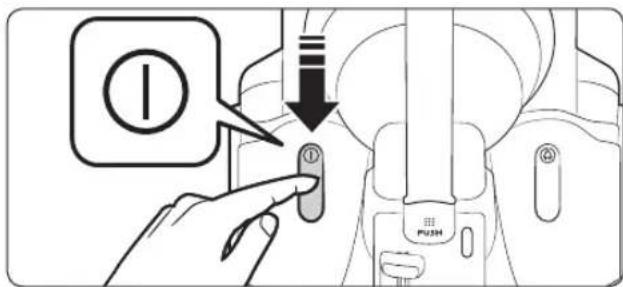Diagram showing a hand pressing a button on a device with an icon and downward arrow indicating action or status.
