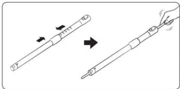 Diagram showing two mechanical components with arrows indicating motion, one being rotated and the other being tilted.