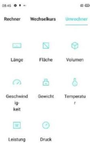 08:45 Rechner Wechselkurs Umrechner Länge Fläche Volumen Geschwindigkeit Gewicht Temperatur Leistung Druck