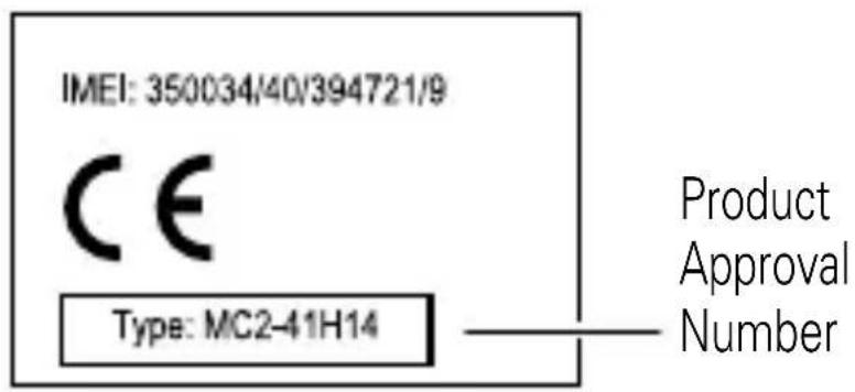 IMEI: 350034/40/394721/9 CE Type: MC2-41H14 Product Approval Number