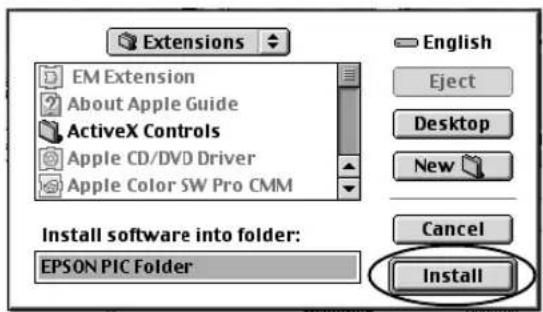 Extensions EM Extension About Apple Guide ActiveX Controls Apple CD/DVD Driver Apple Color SW Pro CMM English Eject Desktop New Install software into folder: EPSON PIC Folder Cancel Install