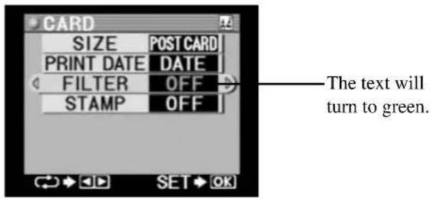CARD SIZE POST CARD PRINT DATE DATE FILTER OFF STAMP OFF The text will turn to green.