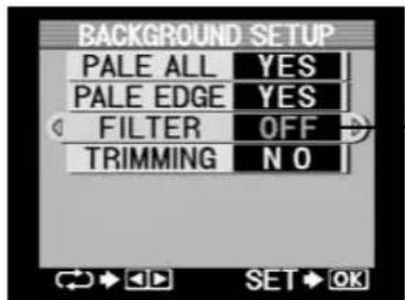 BACKGROUND SETUP PALE ALL YES PALE EDGE YES FILTER OFF TRIMMING N O