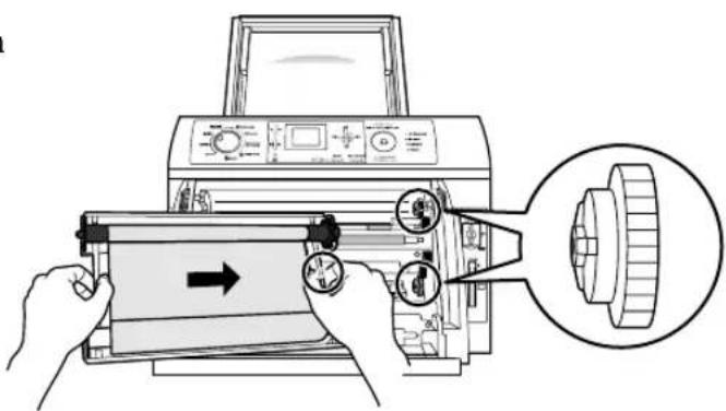 Diagram showing hands operating a printer with labeled parts and an inset view of the device's internal structure.