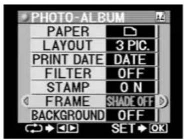 PHOTO-ALBUM PAPER LAYOUT 3 PIC. PRINT DATE DATE FILTER OFF STAMP ON FRAME SHADE OFF BACKGROUND OFF SET OK