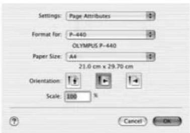 Settings: Page Attributes Format for: P-440 OLYMPUS P-440 Paper Size: A4 21.0 cm x 29.70 cm Orientation: Scale: 100 % Cancel OK
