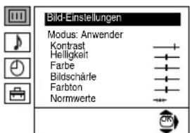 Bild-Einsleitungen Modus: Anwender Kontrast Helligkeit Farbe Bildschärle Farbton Normwerte