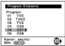 Program Sralama Program: 01 TVE 02 TVE2 03 TV3 04 C33 05 C27 > 06 C58 Kanal: seciniz: Bitir: MENU