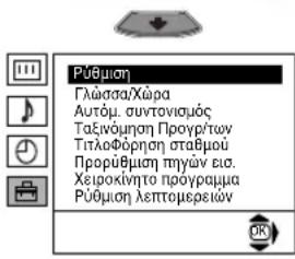 Púbμηση Γλώσσα/Χύρα Αυτόμ. συντονισμός Ταξινόμηση Προγρίτων Τητλοφόρηση σταθμού Προρύθμηση τηγών εια. Χειροκίνητο προγραμμα Púbμηση λεπτομερειών