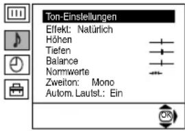 Ton-Einslellungen Effekt: Natürlich Höhen Tiefen Balance Nommwerte Zweiton: Mono Autom. Lautst.: Ein