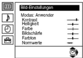 Bild-Einstellungen Modus: Anwender Kontrast Helligkeit Farbe Bildschärfe Farbton Normwerte