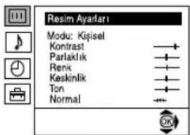 Resim Ayarları Modu: Kişisel Kontrast Parlaklik Renk Keskinlik Ton Normal