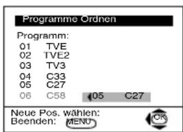 Programme Ordnen Programm: 01 TVE 02 TVE2 03 TV3 04 C33 05 C27 06 C58 05 C27 Neue Pos. wählen: Beenden: MENU