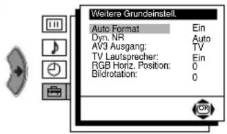 Weitere Grundeinstell. Auto Format Ein Dyn. NR Auto AV3 Ausgang: TV TV Lautsprecher: Ein RGB Horiz. Position: 0 Bildrotation: 0