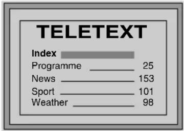 TELETEXT Index Programme 25 News 153 Sport 101 Weather 98