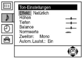 Ton-Einslellungen Effekt: Natürlich Höhen Tiefen Balance Normwerte Zweiton: Mono Autom. Lautst.: Ein