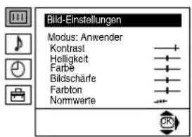 Bild-Einstellungen Modus: Anwender Kontrast Helligkeit Farbte Bildschärfe Farbton Nomwerte